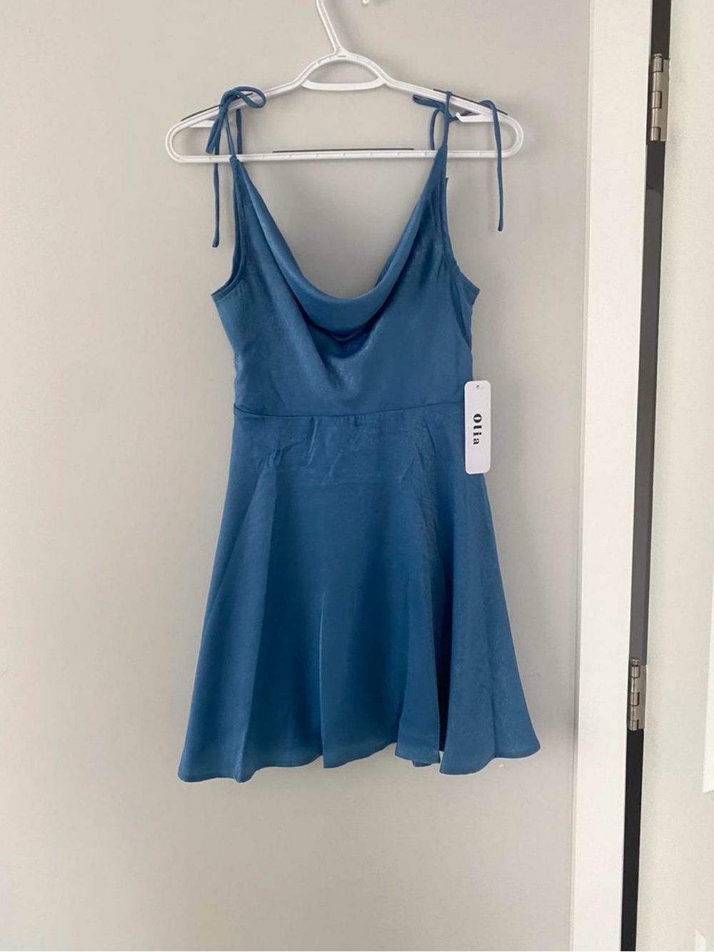 Blue Satin Cowl Neck Mini Dress with Tie Straps